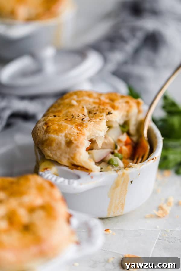 A warm, flaky chicken pot pie in a ceramic ramekin, with a golden-brown crust and creamy filling visible, partially eaten to show rich chicken, potato, carrot, and pea interior.