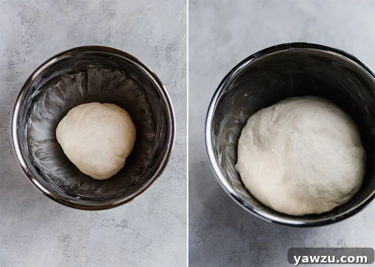 Images showing the Kouign-Amann dough after mixing and then risen to double its size.