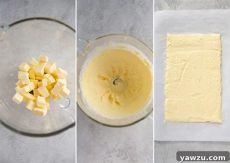 Visual guide demonstrating how to prepare the precisely shaped butter block for laminated Kouign-Amann dough.