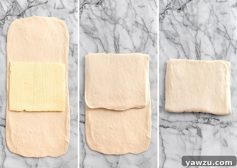 Step-by-step images illustrating the initial folding of dough around the butter block for Kouign-Amann.