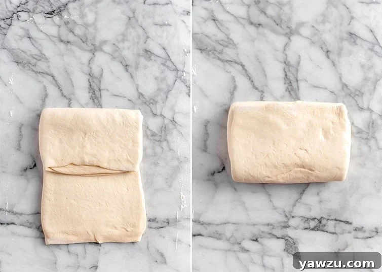 Illustrative photos depicting a 'turn' during the lamination process, essential for creating flaky pastry layers.