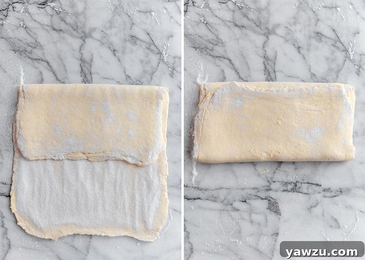 The final step of a sugared turn, showing the dough folded with sugar incorporated, for classic Kouign-Amann.