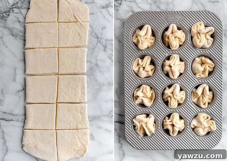 Images demonstrating how to cut Kouign-Amann dough into squares and neatly tuck them into a muffin pan for baking.