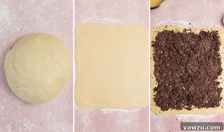 A two-part image collage showing the first step: on the left, babka dough rolled into a square; on the right, the chocolate filling spread evenly over the dough, leaving a border.