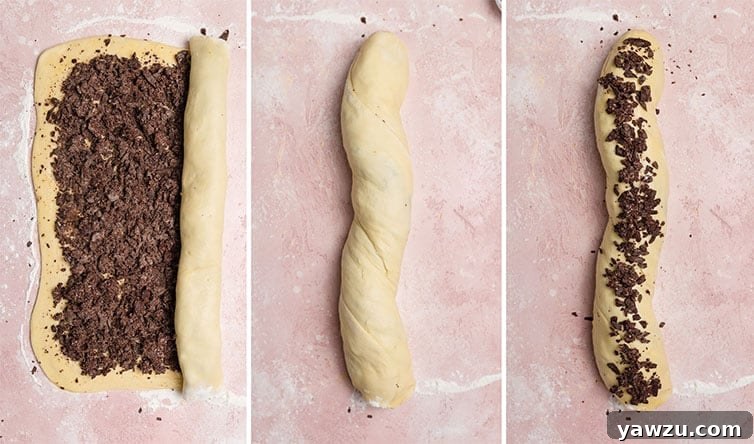 A two-part image collage showing the second step: on the left, the chocolate-filled dough rolled into a log; on the right, the log twisted lengthwise and sprinkled with reserved chocolate filling.