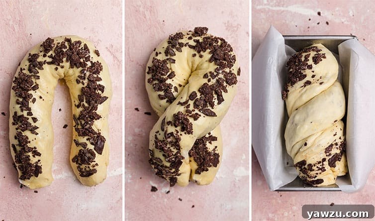 A collage of photos demonstrating step three: shaping the twisted babka into a figure eight and carefully placing it into a loaf pan.