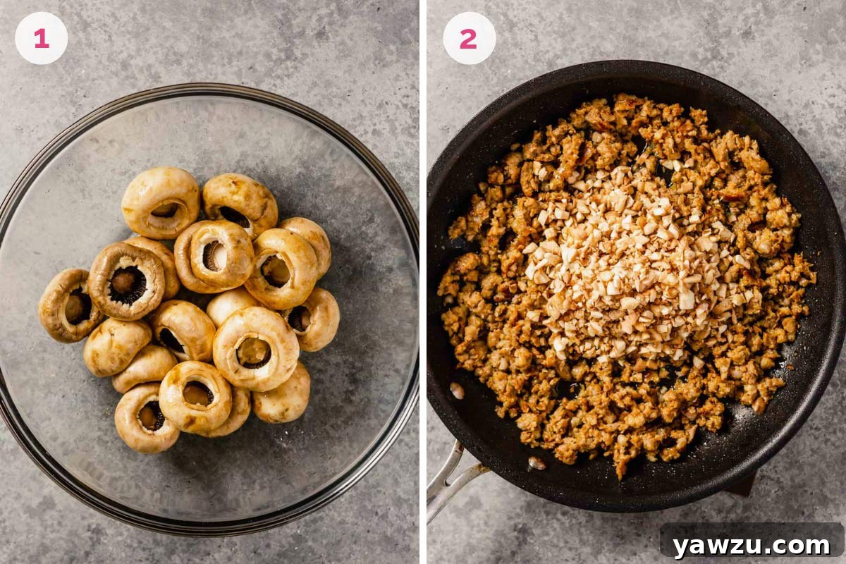 Left: A glass bowl containing mushroom caps marinating in olive oil and Marsala wine. Right: A skillet with sweet Italian sausage being browned and crumbled, ready for the next steps in preparing the filling.