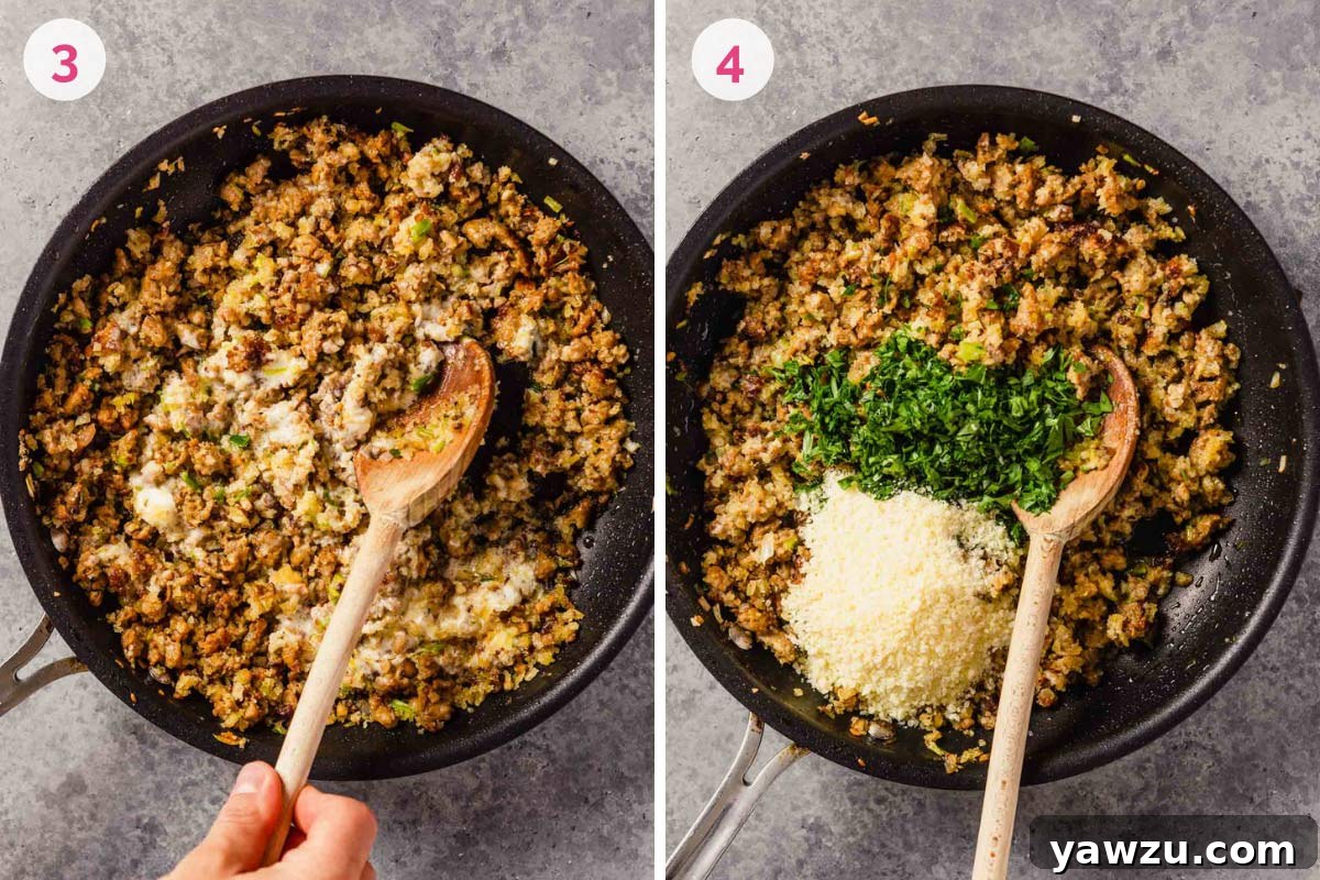 Left: Mascarpone cheese being stirred into the cooked sausage and vegetable filling in a skillet, creating a creamy texture. Right: The fully prepared sausage filling, now mixed with herbs and Parmesan cheese, ready for stuffing into mushroom caps.