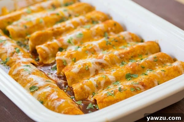 Close-up of bubbling beef enchiladas, generously smothered in a rich red sauce and melted cheese.