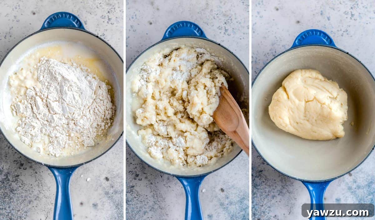 Three side by side photos of the process of making churro dough in a blue skillet.