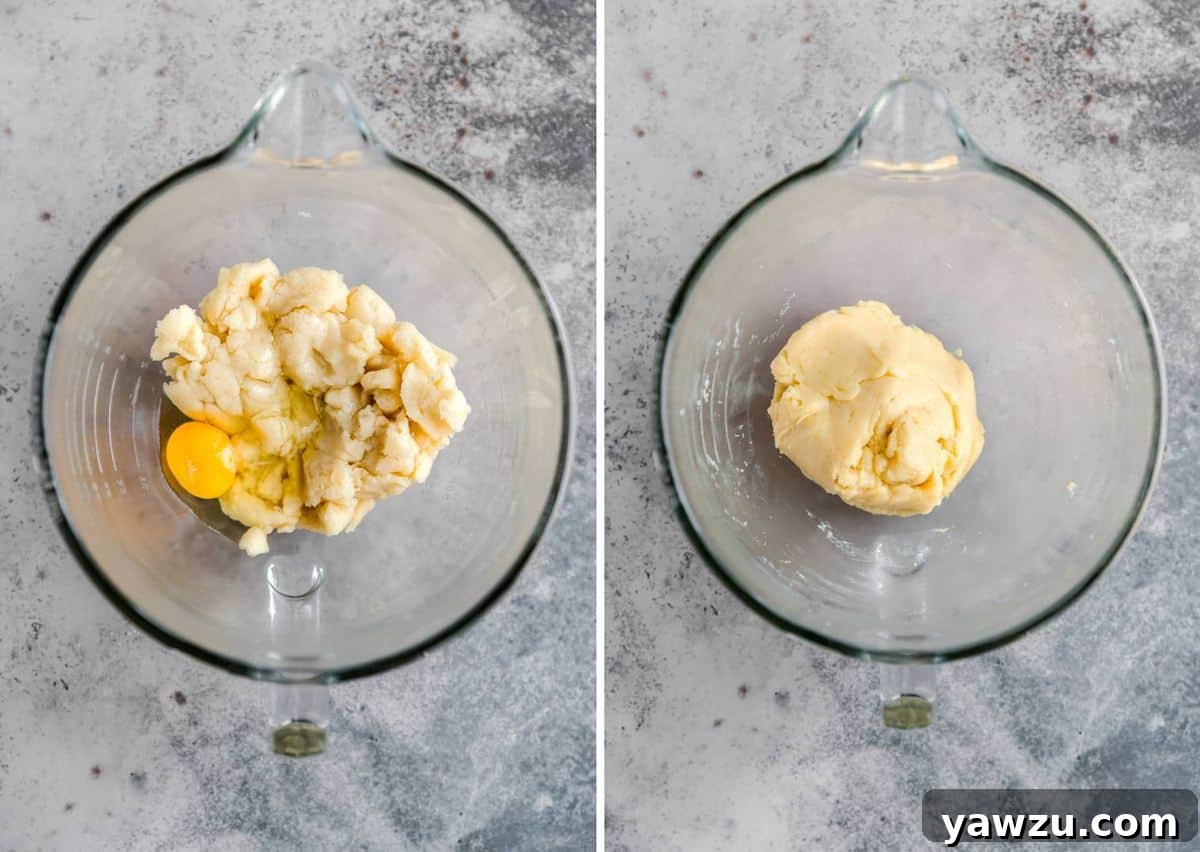 Two side by side photos of the choux pastry in a glass mixing bowl on the left with an un-mixed egg and on the right after the egg has been mixed in.