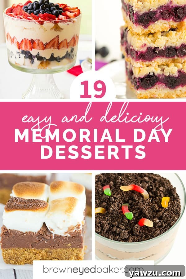 A collage of four photos featuring vibrant Memorial Day desserts, showcasing cakes, bars, and fruit-filled treats.