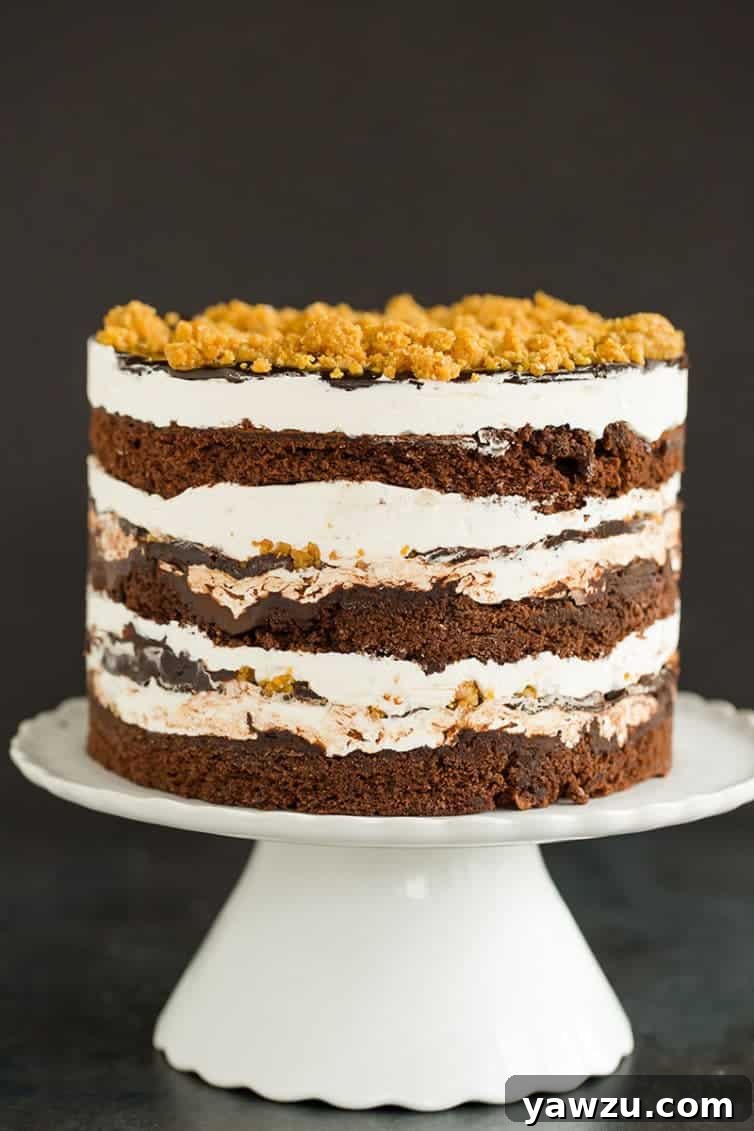 A towering S'mores Layer Cake elegantly presented on a cake pedestal, showcasing its impressive layers.