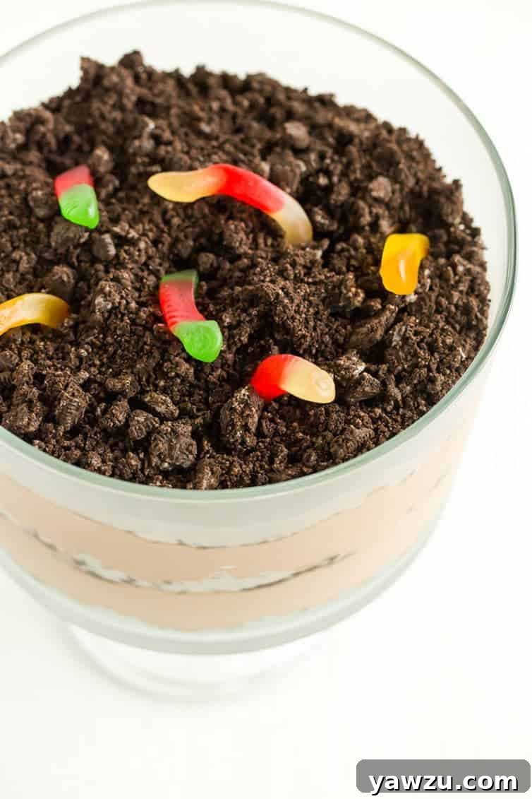 Dirt Dessert - The playful classic served in a trifle bowl, featuring alternating layers of crushed Oreos and rich chocolate mousse, complete with gummy worms.