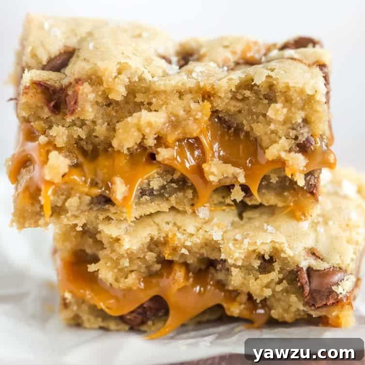 Close-up of decadent Salted Caramel Chocolate Chip Cookie Bars, showing layers of cookie and caramel.