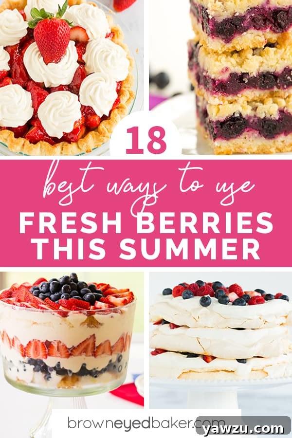 A vibrant collage of four delightful berry desserts, including pies, bars, and tarts, centered around a welcoming text, perfect for summer entertaining.