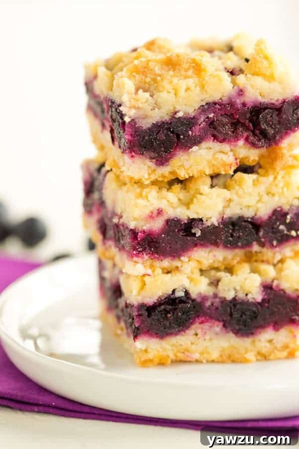 A tall stack of tempting Blueberry Crumb Bars, featuring a crumbly topping and a vibrant blueberry filling, perfect for any summer gathering.