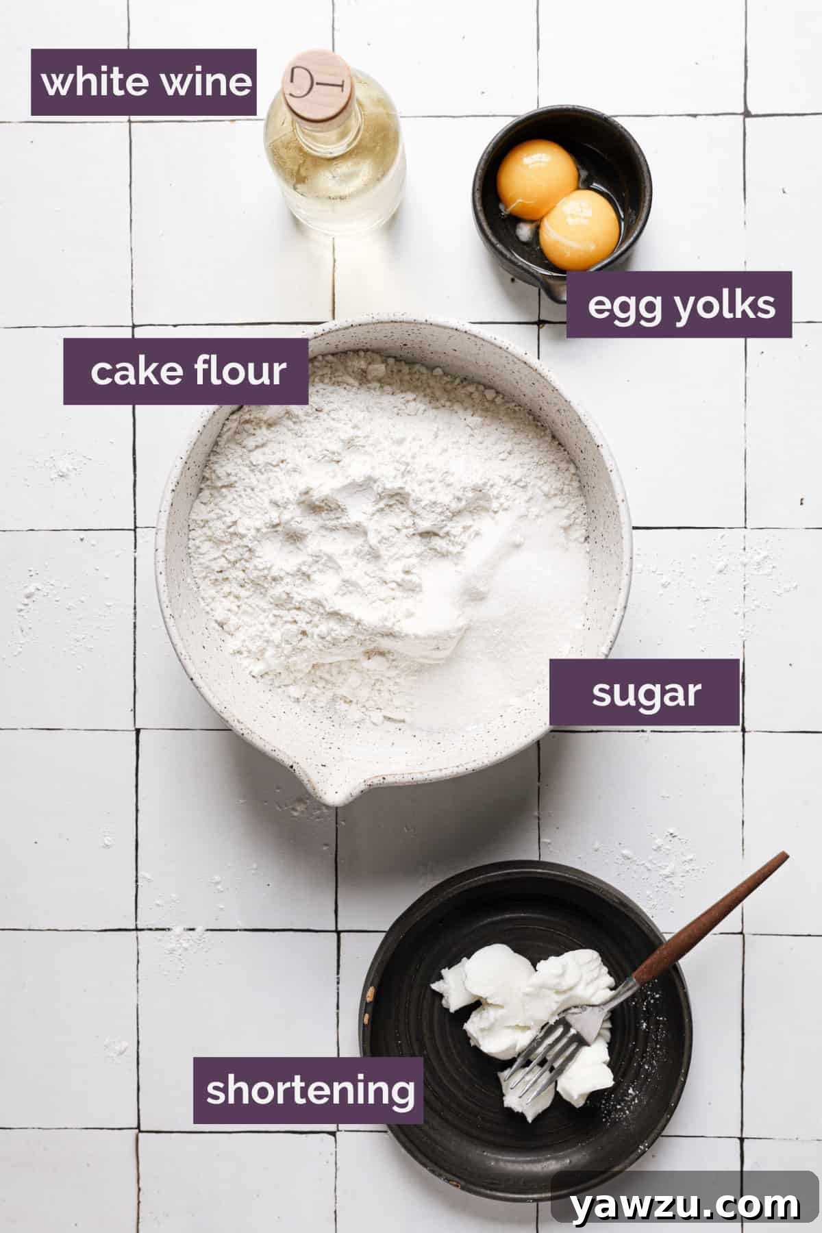 Ingredients for cannoli shells in bowls labeled with purple labels.