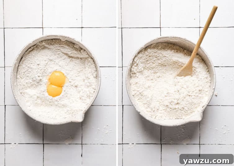 Two side by side photos of bowls prepping the cannoli shell dough.
