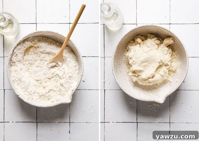 Two side by side photos of white bowls on the left a flour mixture with a spoon and on the right the cannoli shell dough.