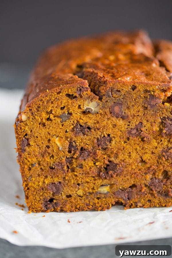 A cut loaf of pumpkin bread with chocolate chips and pecans.