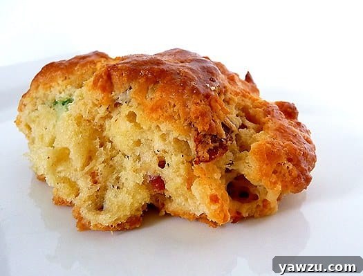 A single perfectly baked Quiche Lorraine scone, golden and inviting, served on a white plate.