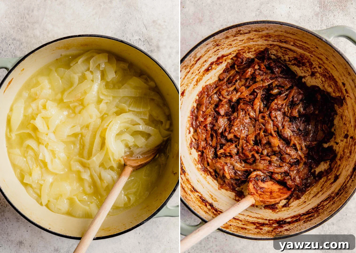 Step by step photos of braised onions in a pot.