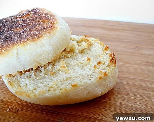 Homemade English muffin split open to show its signature nooks and crannies