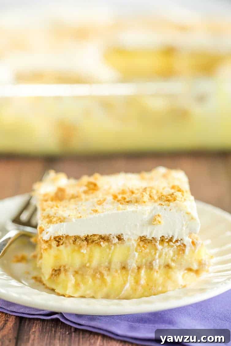 A big slice of icebox cake with layers of pudding and graham crackers.