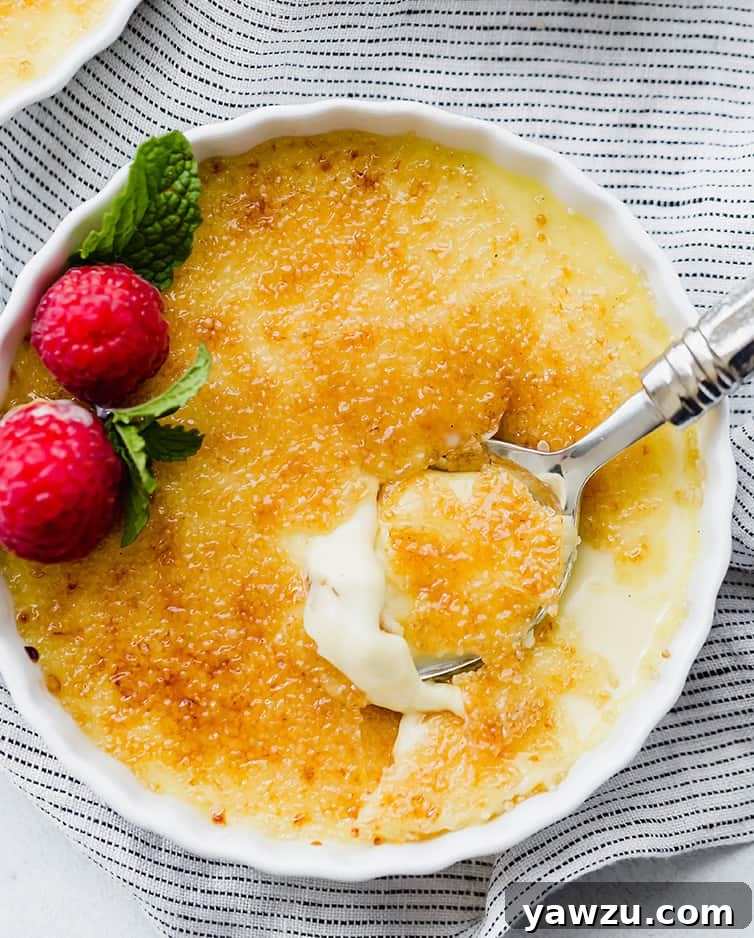 A beautifully caramelized Crème Brûlée in a ramekin, ready to be served.