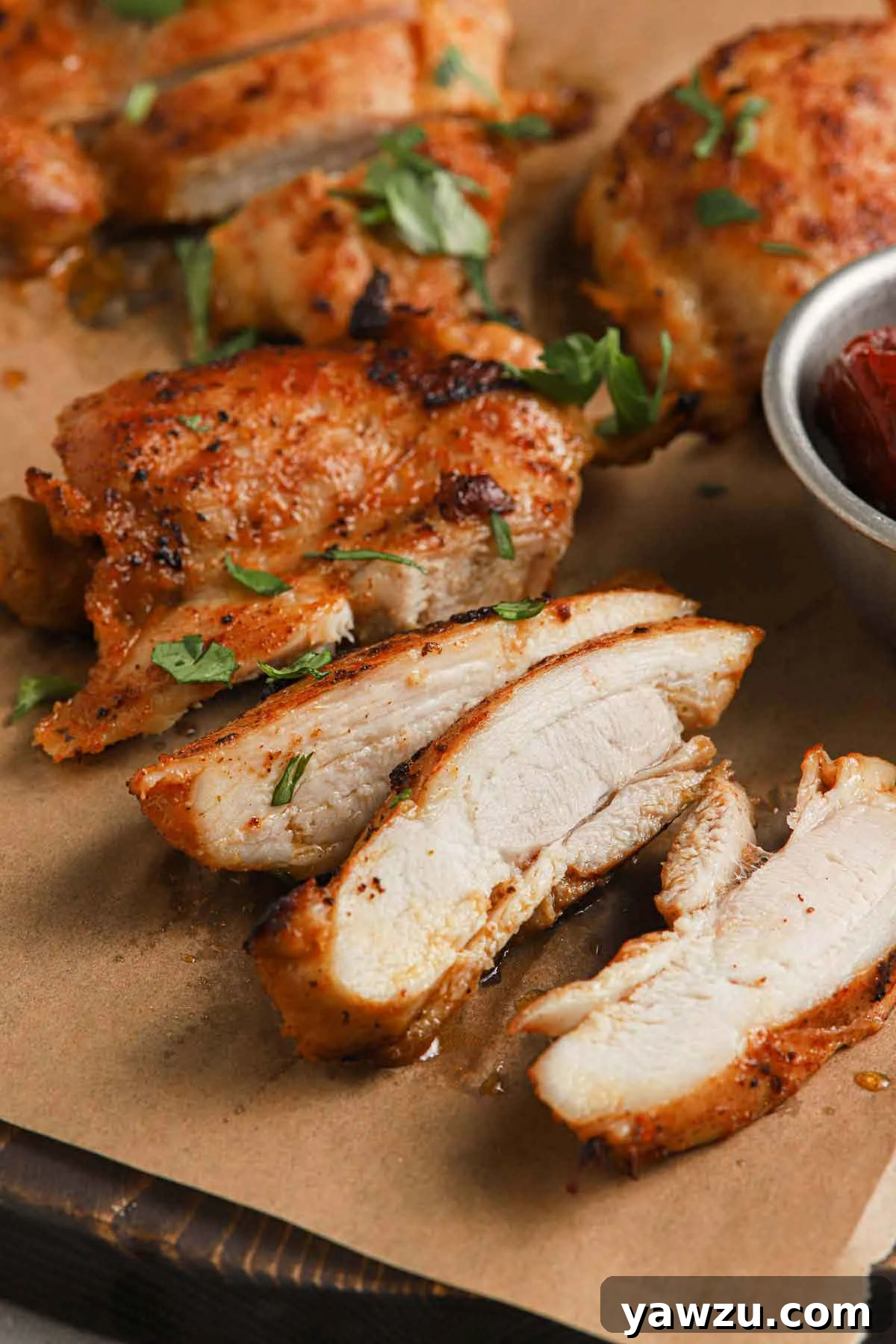 Perfectly sliced, seasoned Chipotle-style chicken on a cutting board, ready for various Mexican dishes.