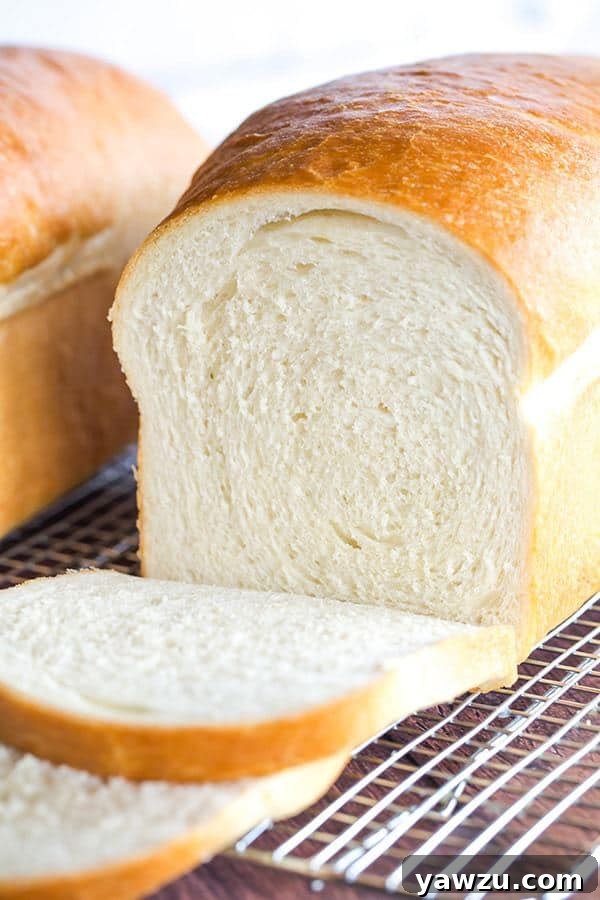 Two freshly baked loaves of soft, fluffy, and perfectly golden classic white bread on a cooling rack.