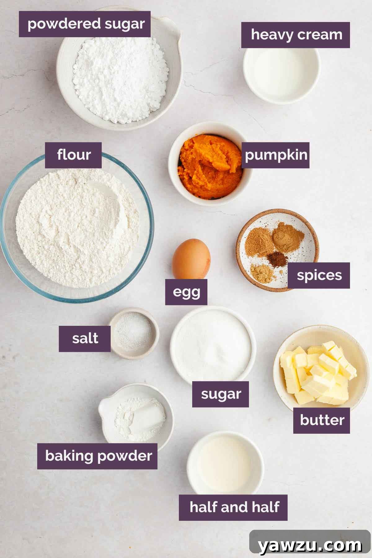 Ingredients for pumpkin scones prepped in bowls and labeled.
