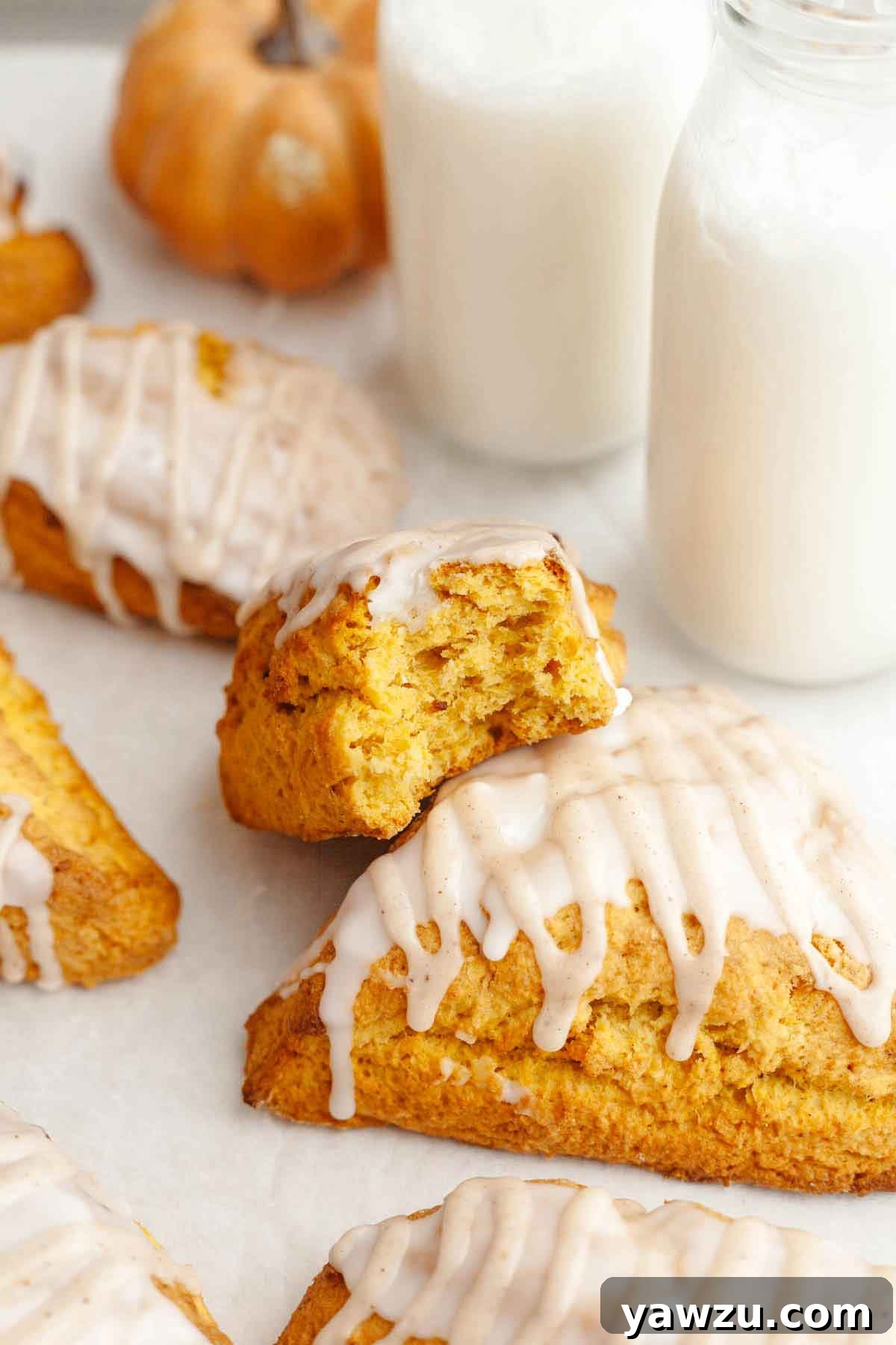 Half of a pumpkin scone resting on top of another whole pumpkin scone.