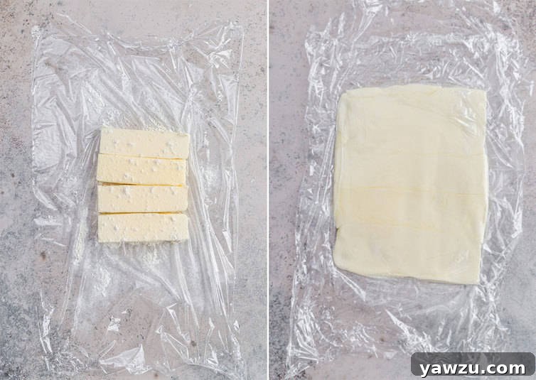Side by side photos illustrating the process of a butter block being rolled out and shaped.