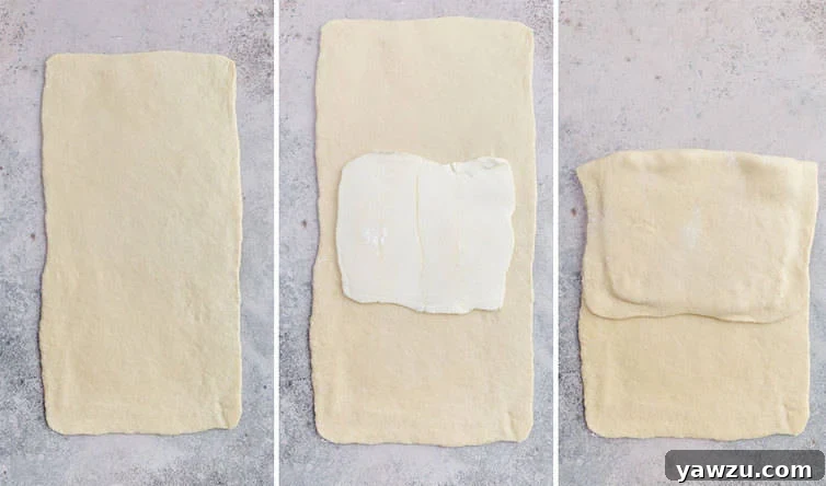 Step-by-step photos illustrating the folding of a butter block into Danish dough for lamination.