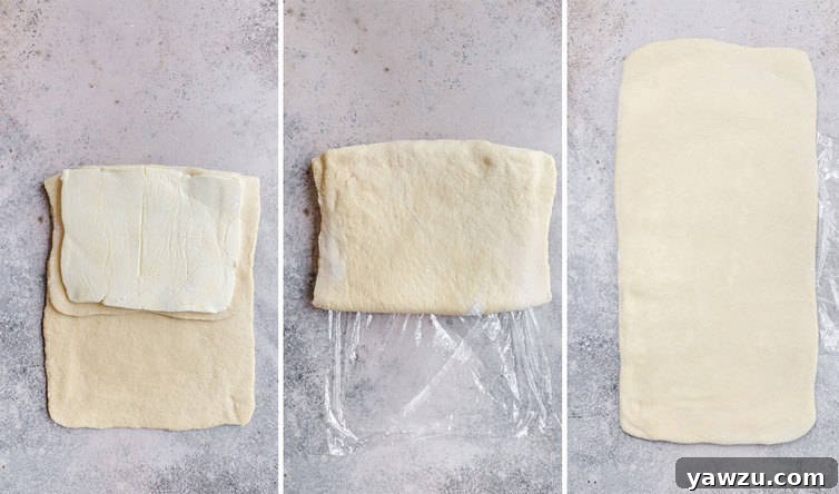 Sequential photos showing the layered Danish dough being rolled out after a series of folds.