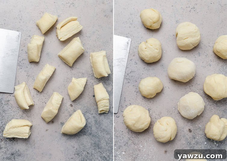 Danish pastry dough expertly portioned and rolled into smooth balls, ready for shaping.