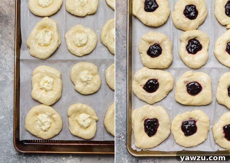 Side by side photos of uncooked Danish pastries generously filled with cream cheese and various fruit toppings, ready for baking.
