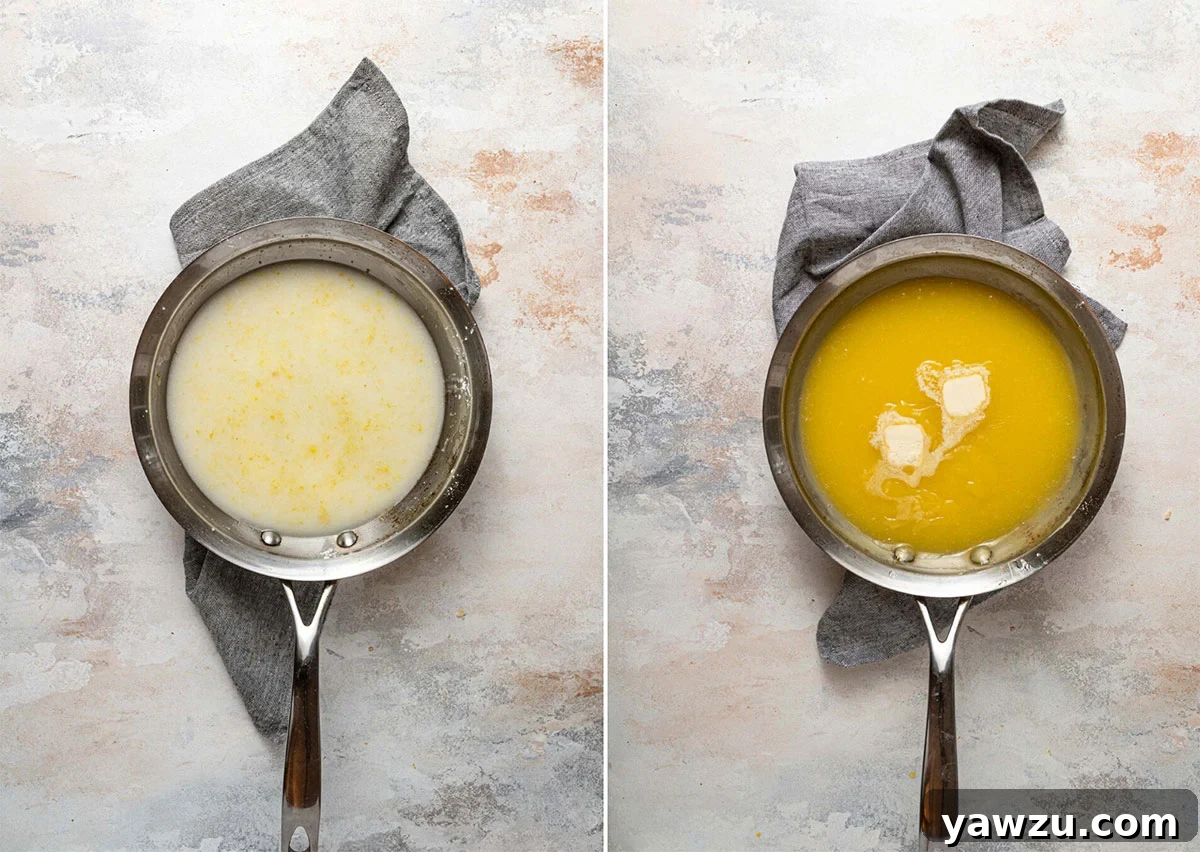 A two-part image collage showing the process of cooking the lemon filling for lemon meringue pie, illustrating its transformation from liquid to a thick, bubbly consistency.