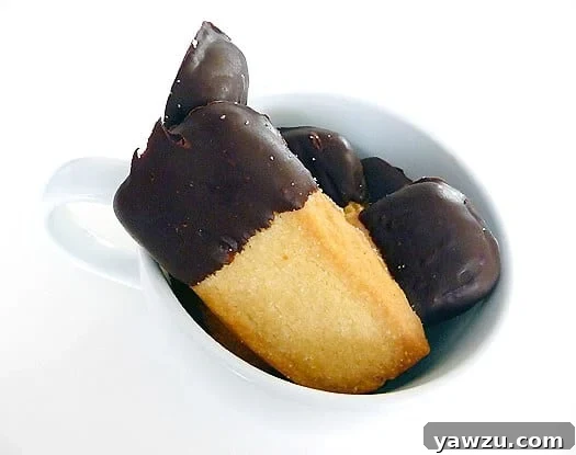 Golden shortbread cookies with half of each dipped in rich chocolate, elegantly arranged in a white mug.