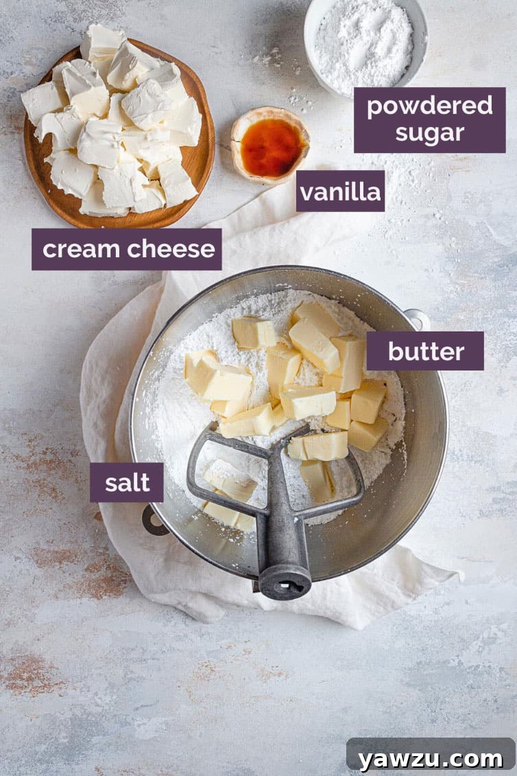 All the essential ingredients for making cream cheese frosting laid out and prepped with clear text labels.