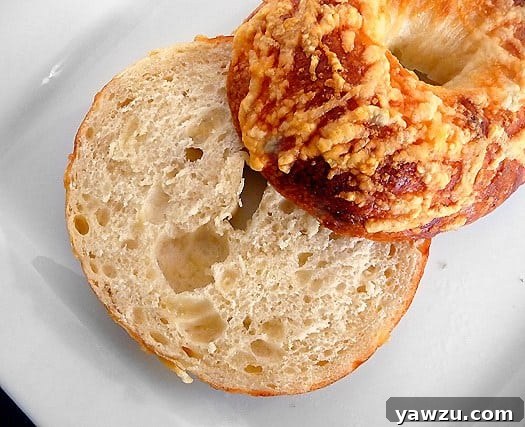 An Asiago bagel cut in half, showing the cheesy interior.