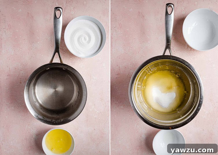 Sugar and egg whites in a saucepan.