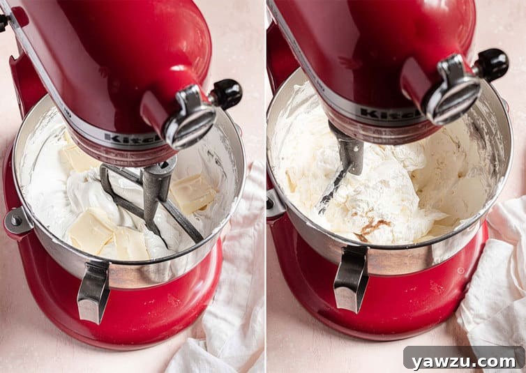 Beating butter into the meringue mixture for Swiss meringue buttercream.