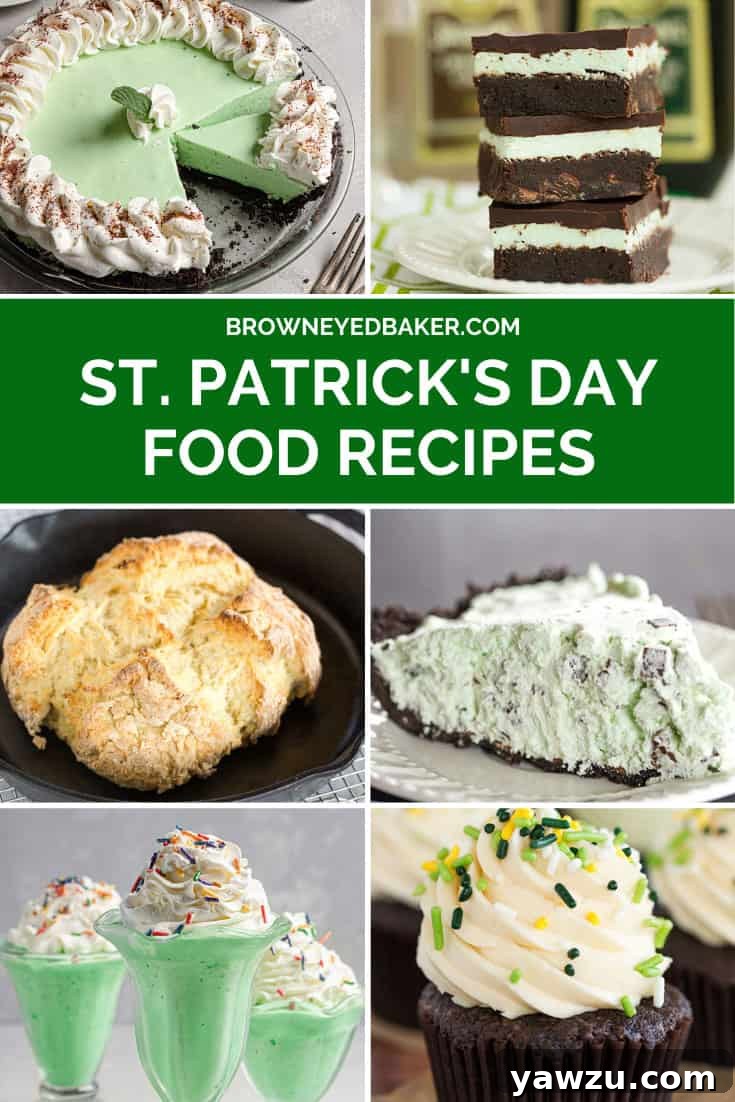 A photo collage of various festive recipes perfect for celebrating St. Patrick's Day, featuring green desserts and hearty Irish dishes.