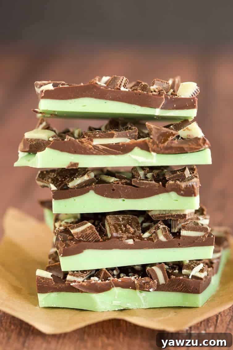 Festive Grasshopper Chocolate Bark, featuring layers of chocolate and mint, adorned with white chocolate drizzles and sprinkles, perfect for a St. Patrick's Day party.