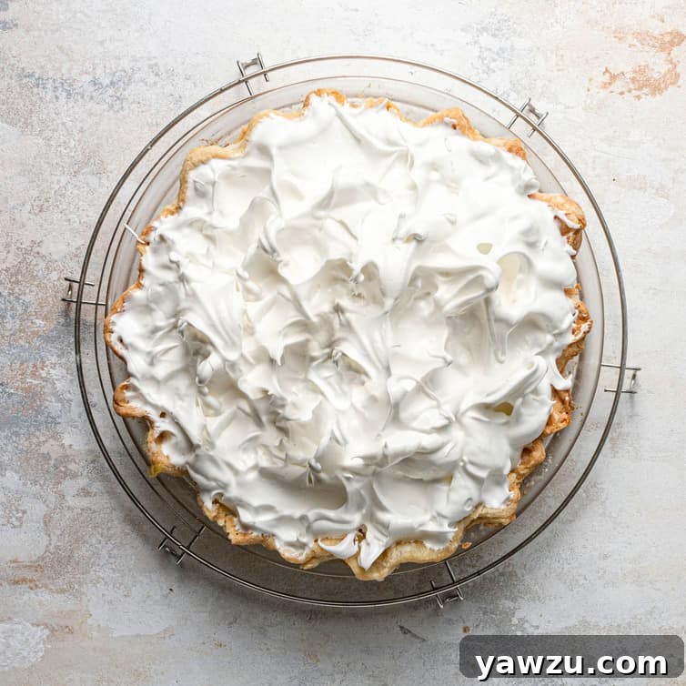 Meringue topping on a perfectly baked lemon meringue pie, showcasing its golden peaks.