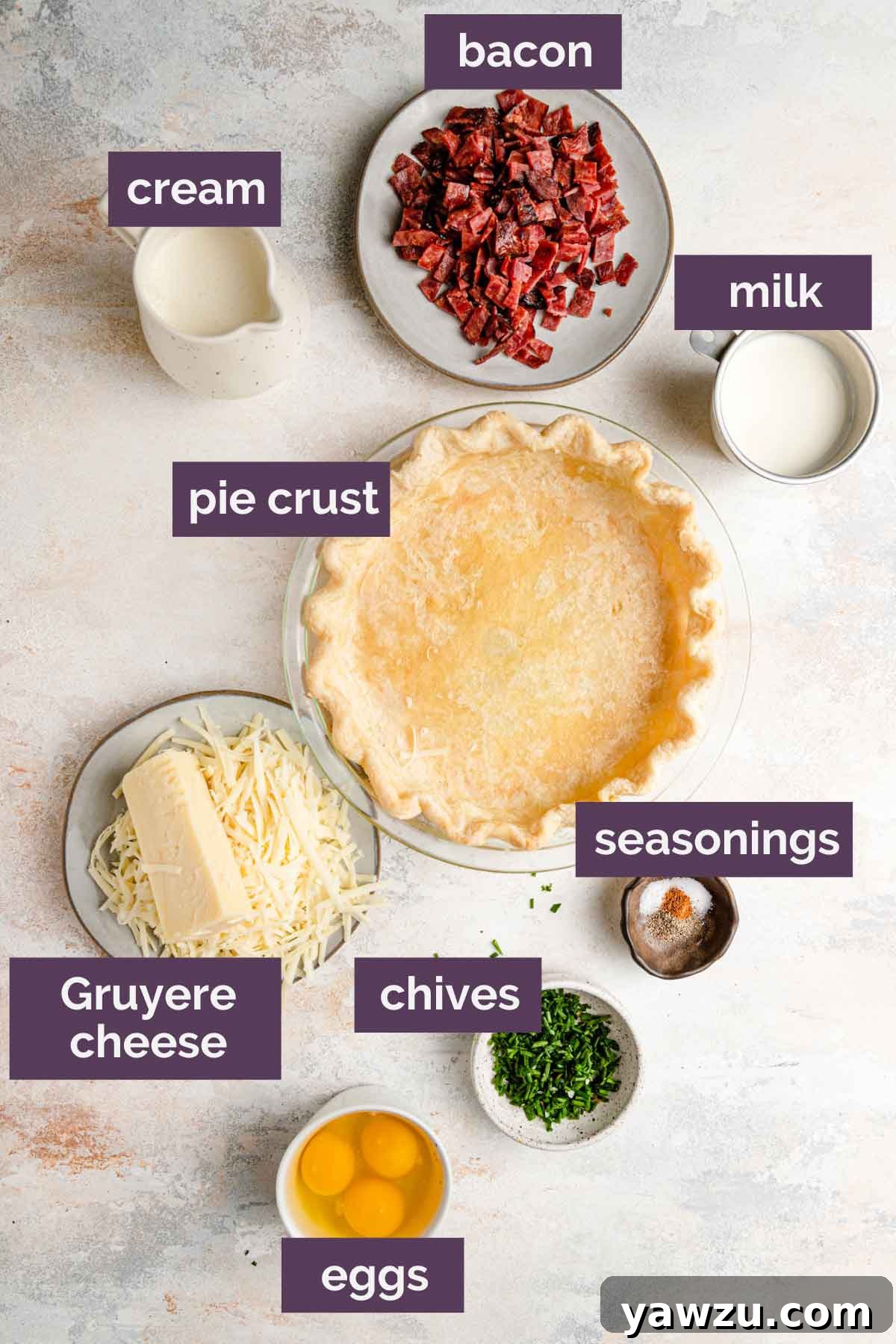 Ingredients for quiche Lorraine prepped and labeled.