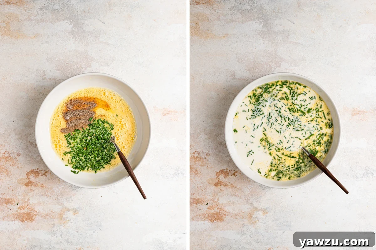 Side by side photos of whisking together the filling for quiche Lorraine.